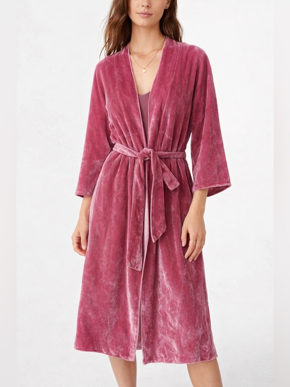 Garnet Hill Pink Crushed Velvet Silk Blend Robe Duster Belted Luxe Loungewear M